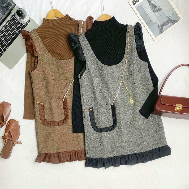 Set: Long-Sleeve Mock Neck Plain Knit Top + Scoop Neck Contrast Frill Trim Chained Mini Overall Dress Product Image