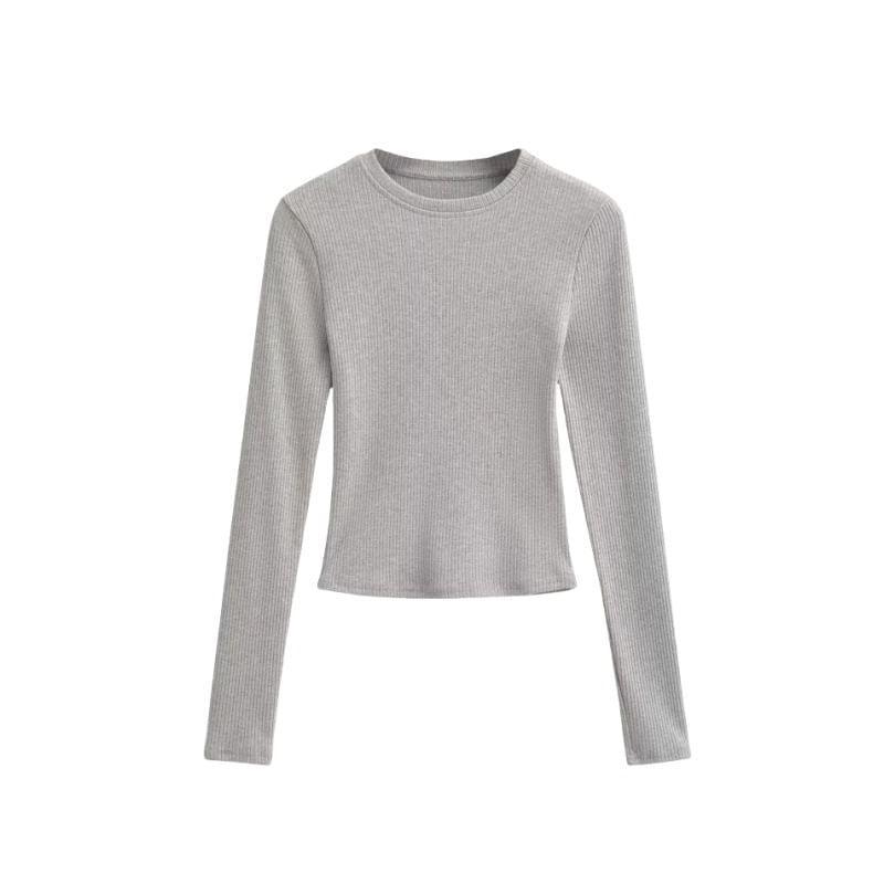 Long Sleeve Crew Neck Plain Ribbed Tee Product Image