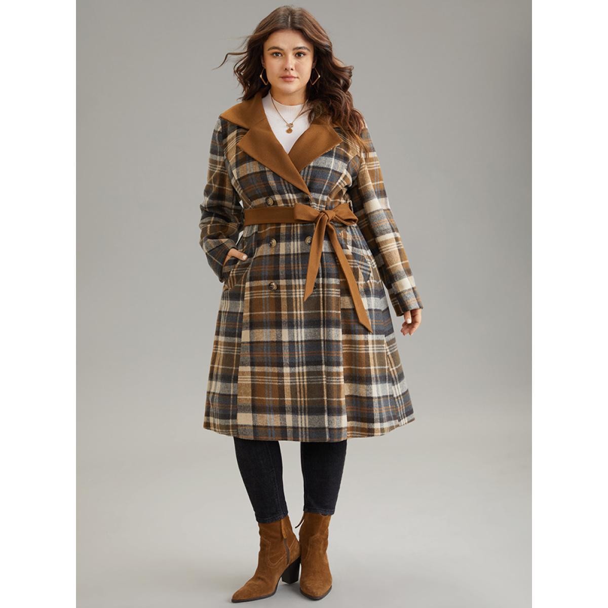 Plus Size Plaid Belted Contrast Lapel Collar Trench Coat Women Bronze Elegant Lined Ladies Dailywear Winter Coats BloomChic 10/M Product Image