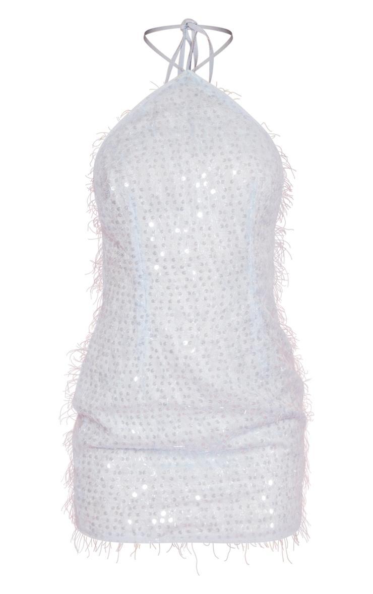 Light Blue Eyelash Glitter Knit Look Sequin Detail Halteneck Shift Dress Product Image
