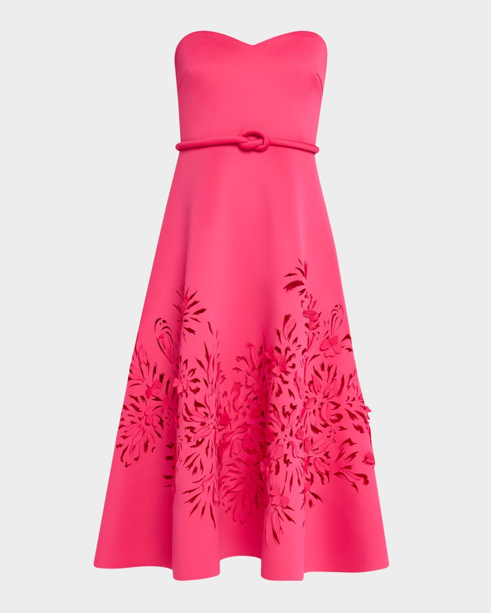Strapless Laser-Cut Floral Scuba Midi Dress Product Image