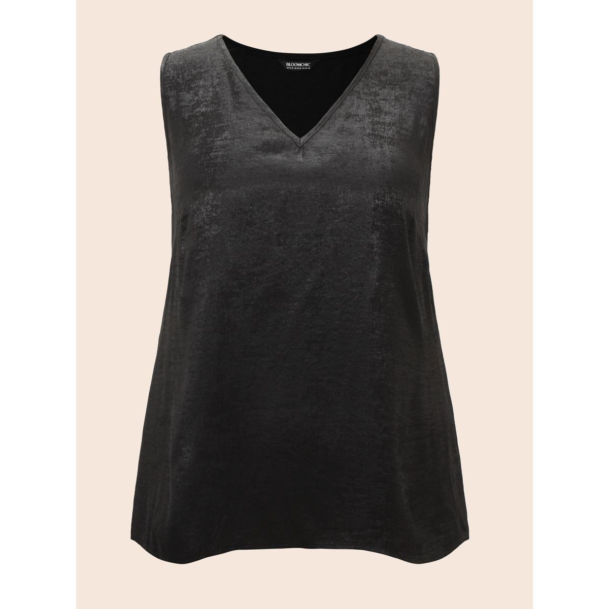 Plus Size V Neck Metal Texture Patchwork Tank Top Women Black Casual Patchwork V-neck Everyday Tank Tops Camis BloomChic 14-16/1X Product Image