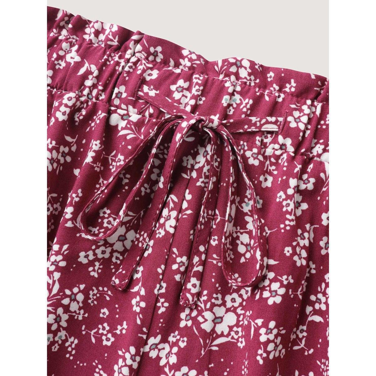 Plus Size Floral Waist-Tie Wide-Leg Shorts Women Burgundy Elegant Patchwork Wide Leg Everyday-Elegant Shorts BloomChic 14-16/1X Product Image