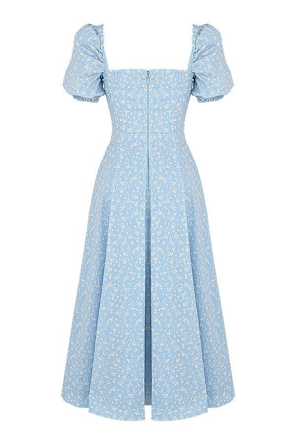 Tallulah Blue Ivory Floral Puff Sleeve Midi Dress Product Image