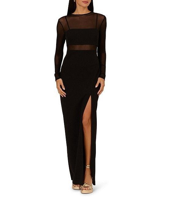 Adrianna Papell Crepe Knit Mock Neck Illusion Long Sleeve Side Slit Sheath Dress Product Image