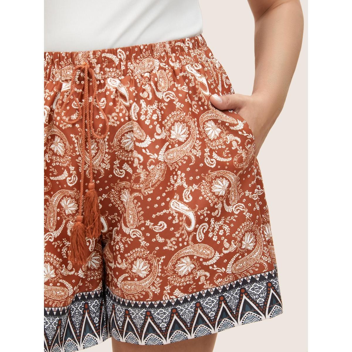 Plus Size Boho Print High Rise Tassel Ties Shorts Women Chocolate Resort Vacation Shorts BloomChic 28/5X Product Image