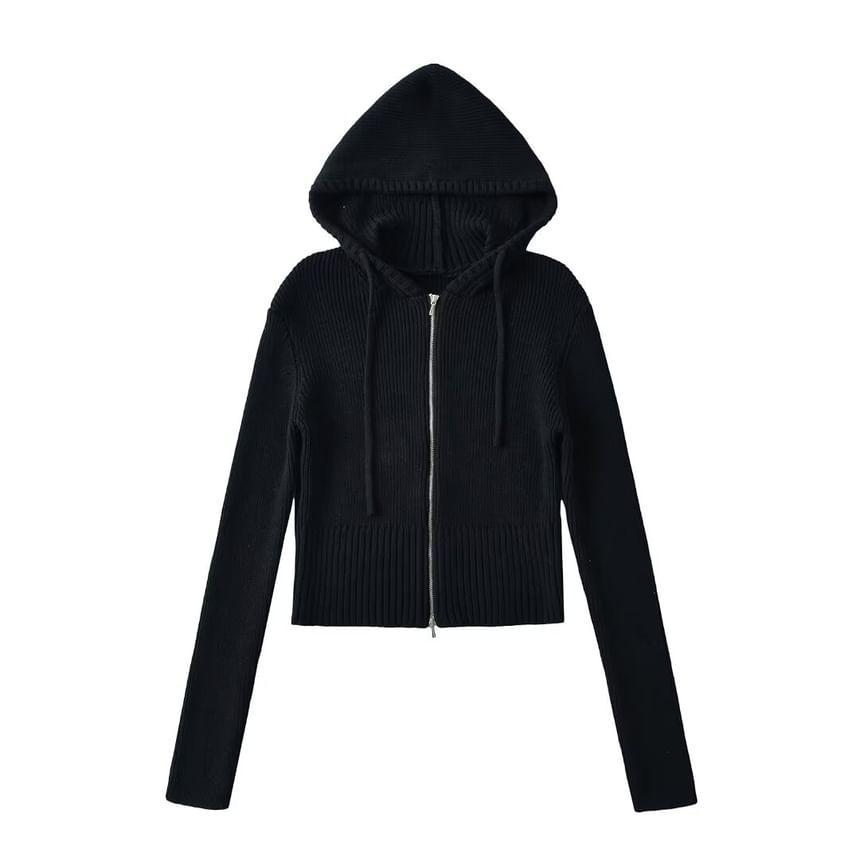 Plain Hood Ribbed Zip Cardigan Product Image