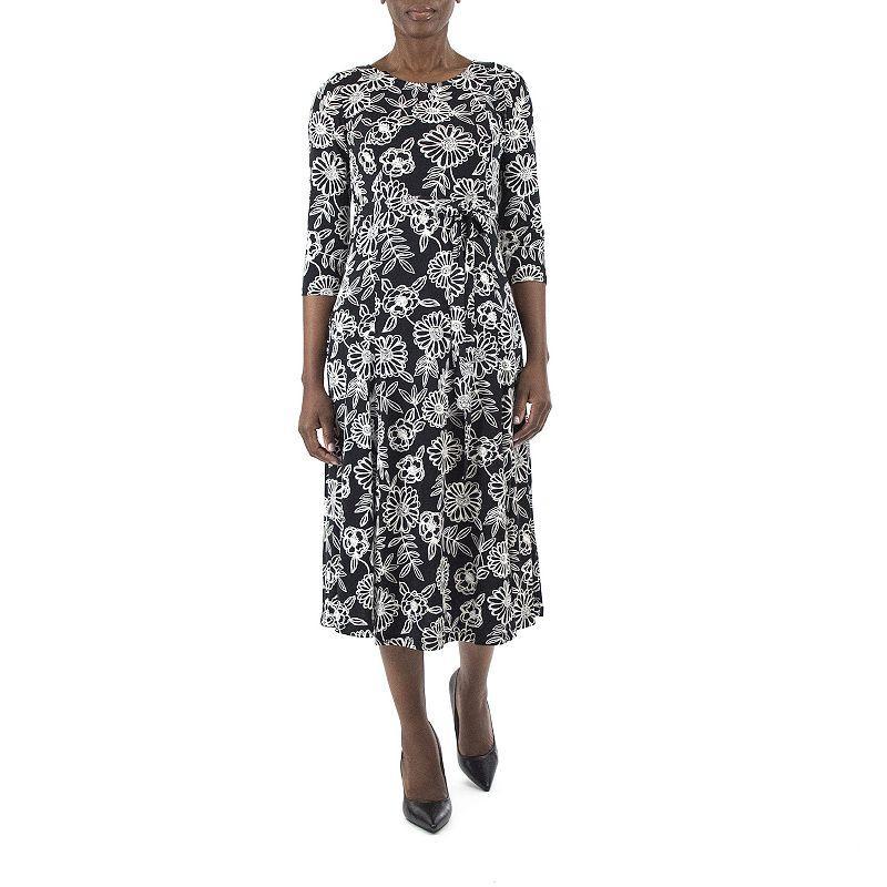 Women's Nina Leonard Belted 3/4 Sleeve Print Midi Dress, Size: Small, Blue Blue Ivory Product Image