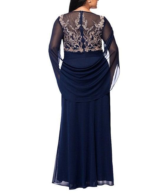 Betsy & Adam Plus Size Boat Neck Cap Sleeve Drape Back Chiffon Applique Sheath Gown Product Image