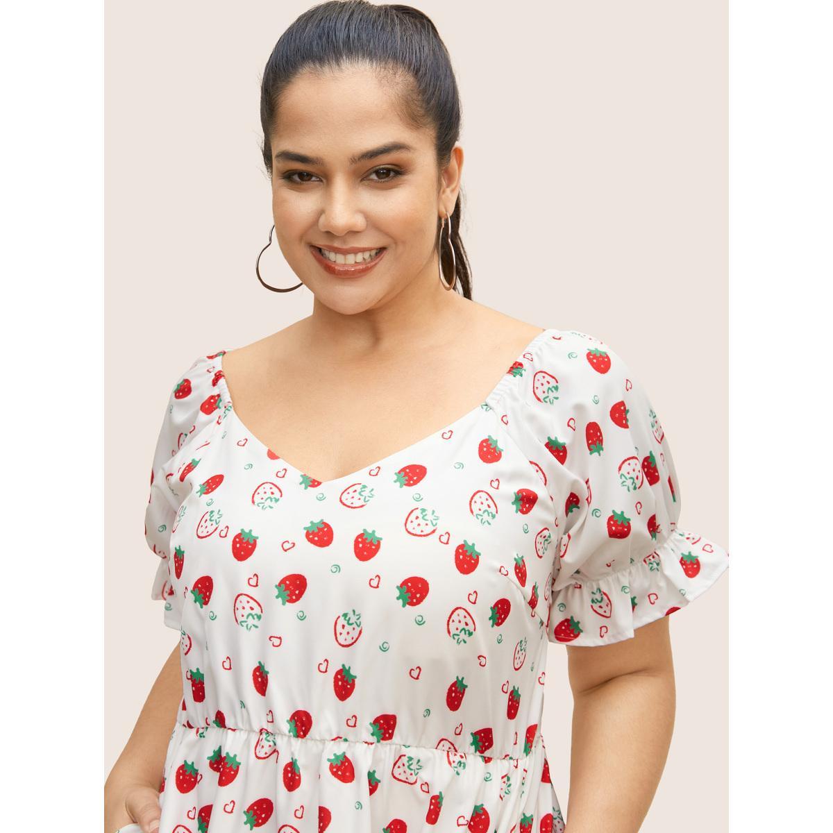 Plus Size Strawberry Print Puff Sleeve Elastic Waist Dress WhiteSmoke Women Casual Ruffles V-neck Short sleeve Curvy BloomChic 26/4X Product Image
