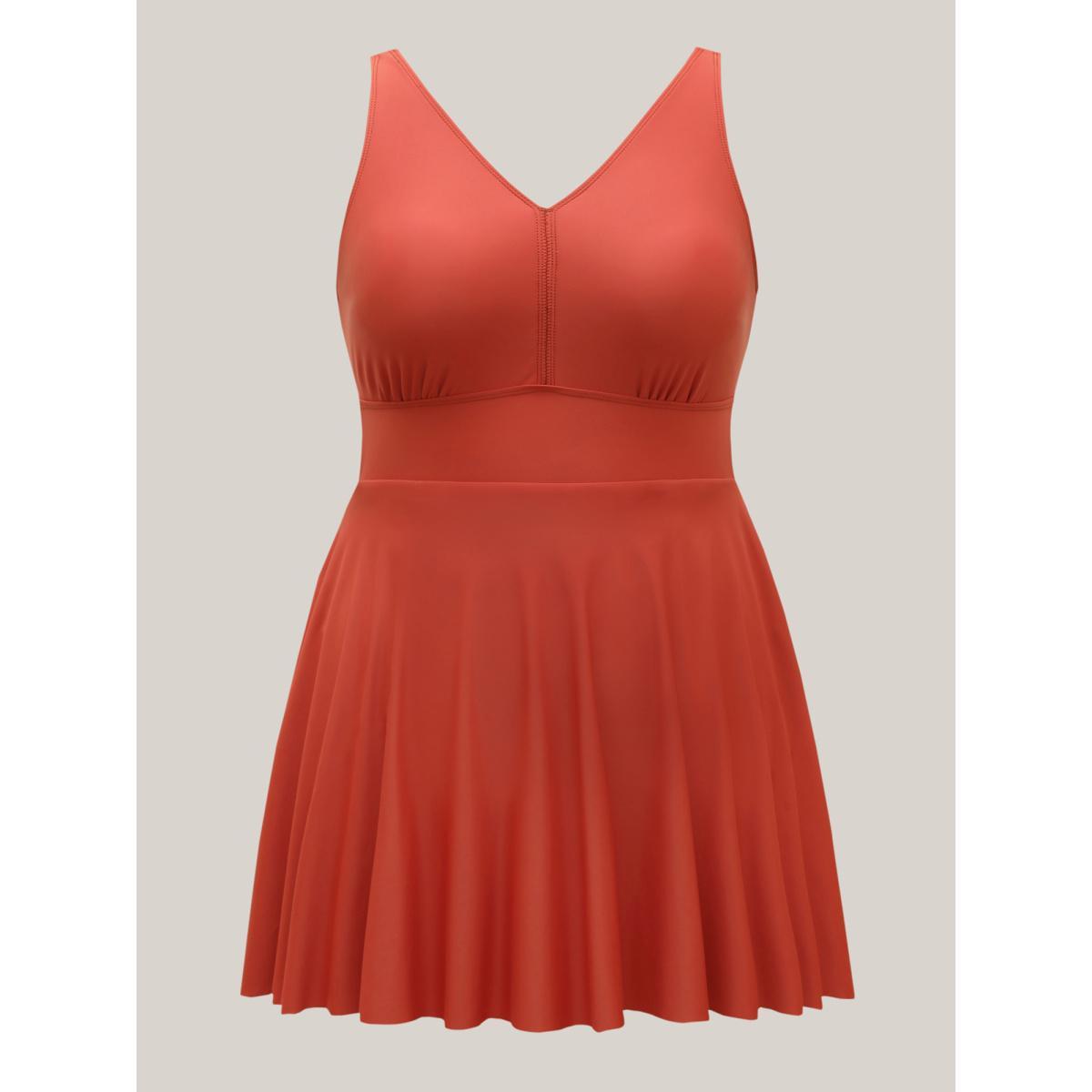 Plus Size Sewn-in-Belt Bow Pockets Swim Dress Women's Swimwear Salmon Beach Bodycon V-neck High stretch Curve Swim Dresses BloomChic 14-16/1X Product Image