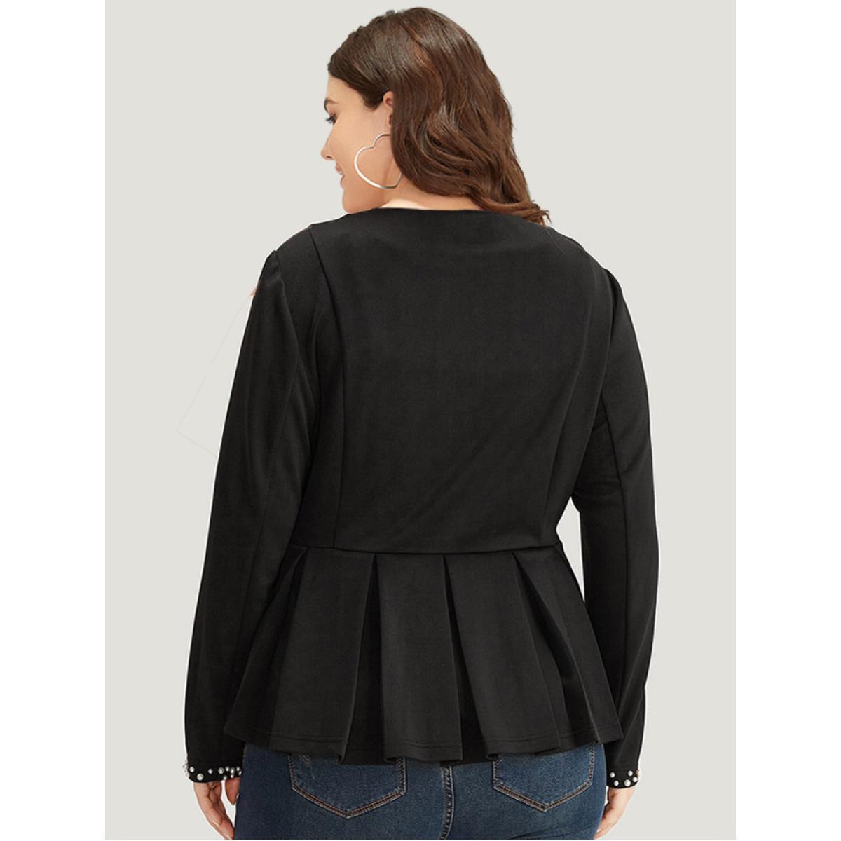 Plus Size Pearl Beaded Zipper Plicated Detail Coat Women Black Work From Home Plain Ladies Work Winter Coats BloomChic 28/5X Product Image