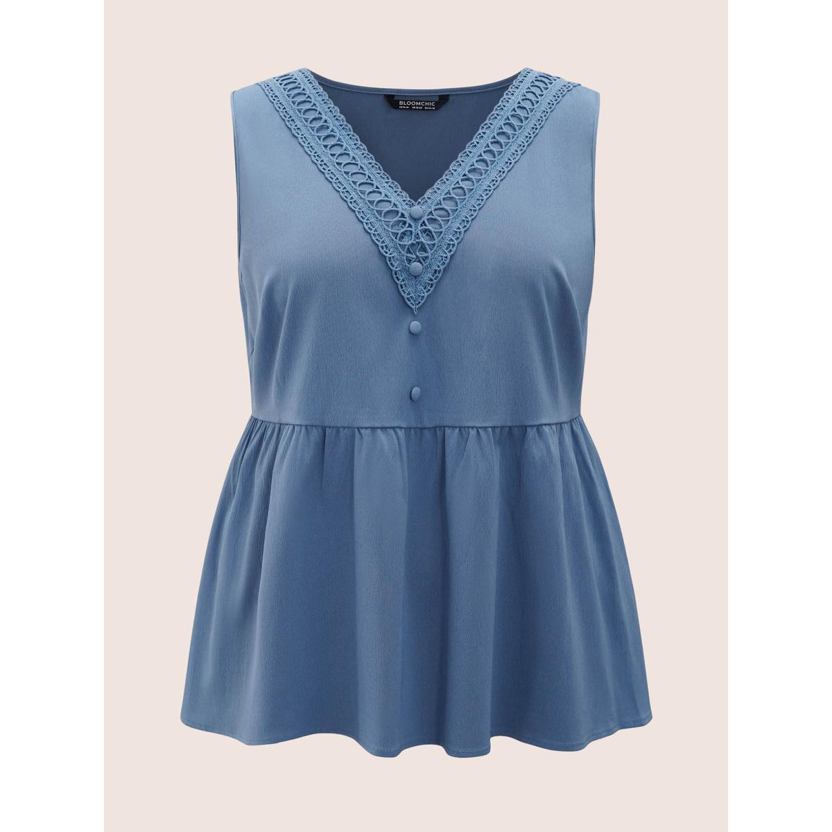Plus Size Solid Lace Patchwork Gathered Tank Top Women Stone Elegant Button V-neck Everyday Tank Tops Camis BloomChic 14-16/1X Product Image