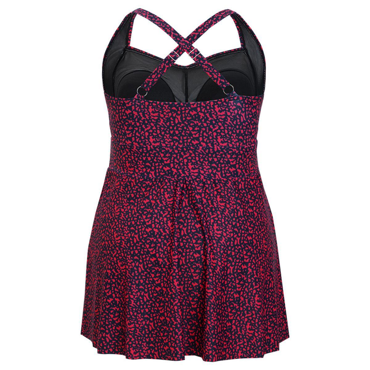 Plus Size Graphic Print Gathered Flutter Hem Crossover Swim Dress Women's Swimwear RedViolet Vacation Bodycon High stretch Curve Swim Dresses BloomChic 10/M Product Image