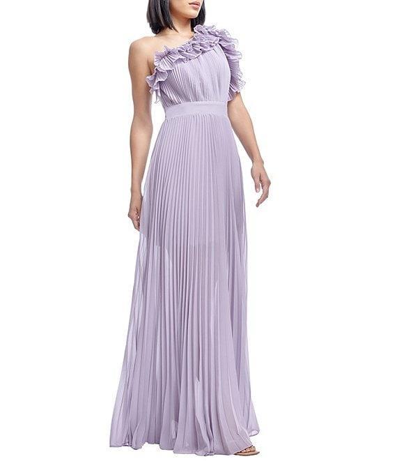 Dress the Population Vida Ruffle One Shoulder Sleeveless Pleated Gown Product Image