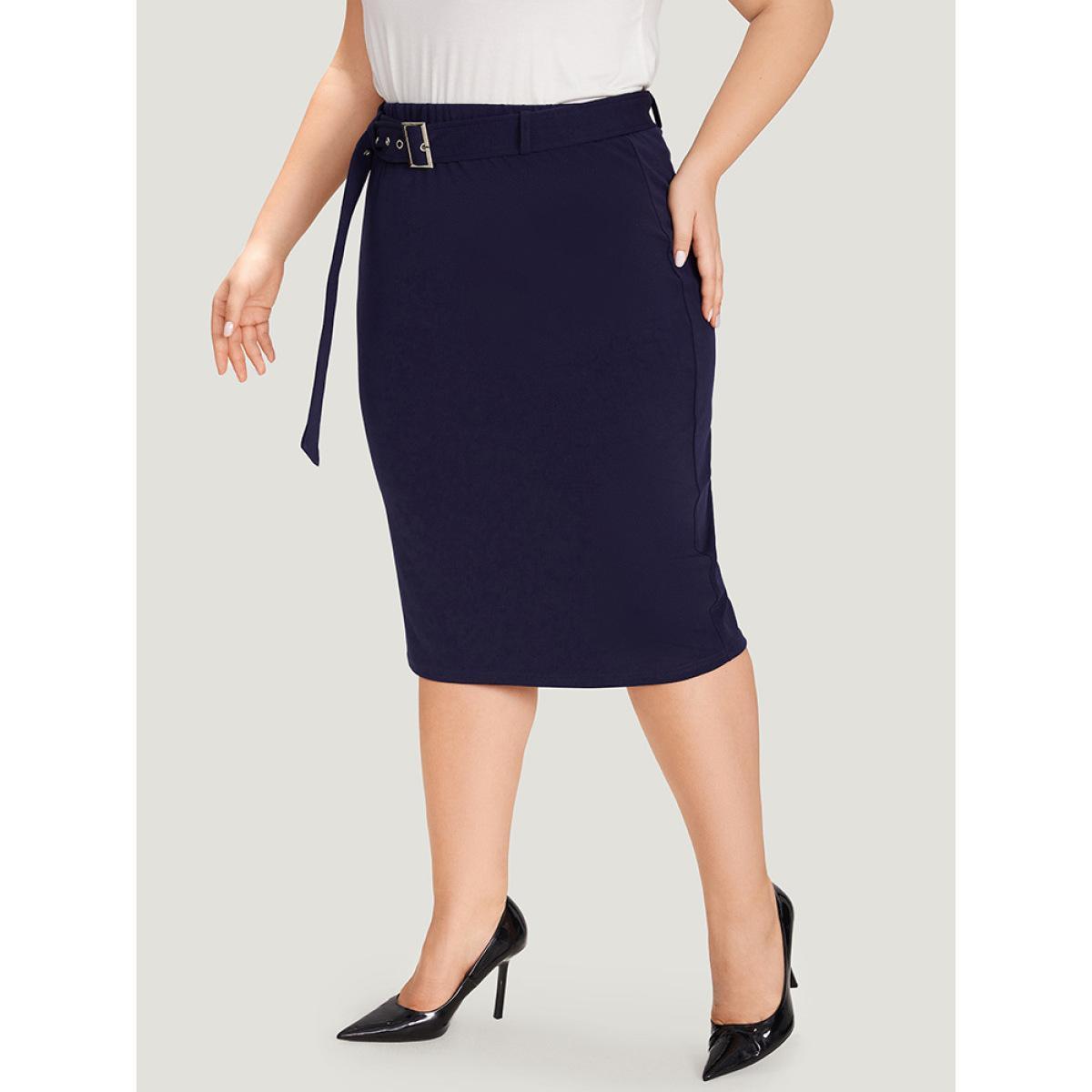 Plus Size Plain Belted Split Hem Skinny Skirt Women Blue Office Belted Bodycon No stretch Belt Work Skirts BloomChic 26/4X Product Image