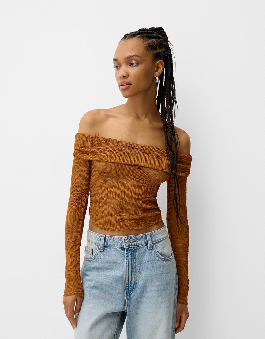 Long sleeve Bardot neckline rustic T-shirt Product Image