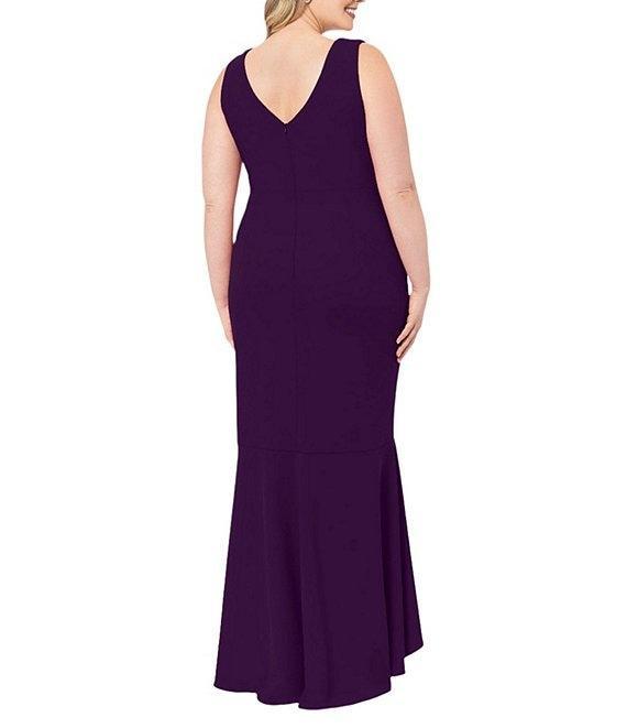 Betsy & Adam Plus Size Sleeveless V-Neck Cascade Ruffle Scuba Crepe Gown Product Image