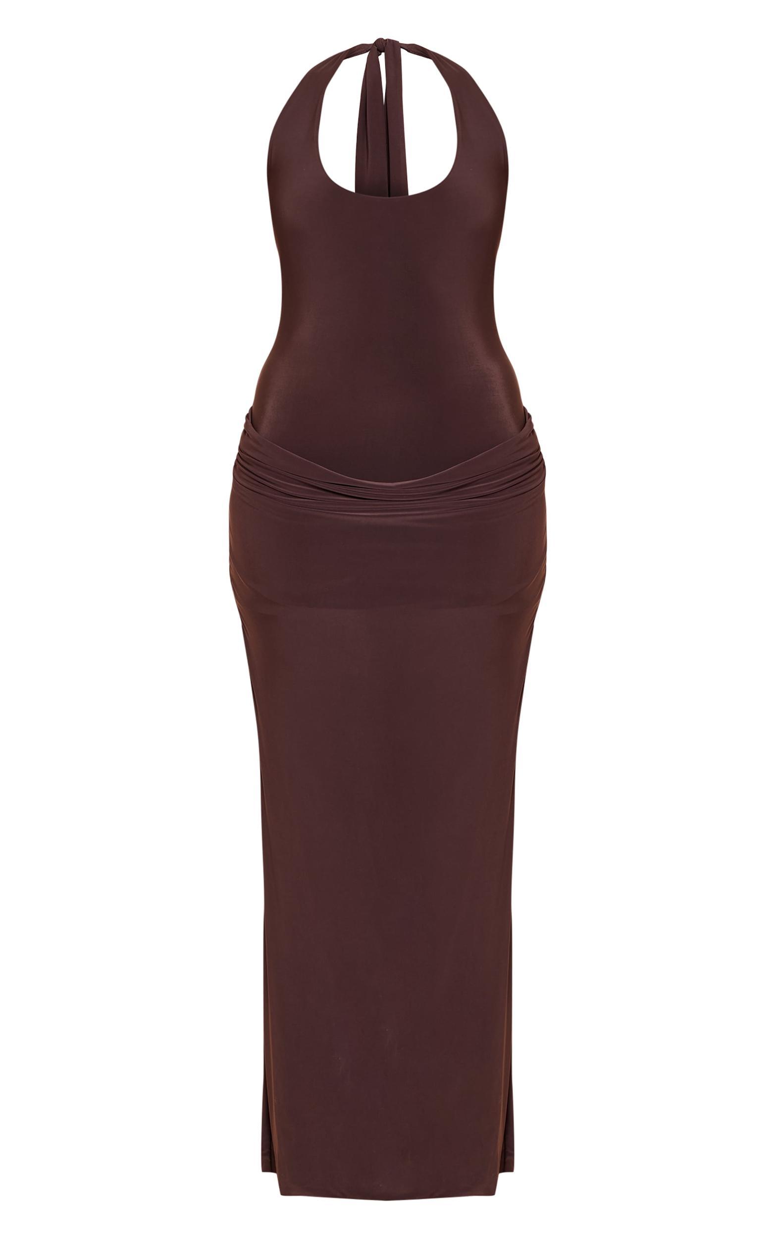 Chocolate Slinky Halterneck Ruched Detail Maxi Dress Product Image
