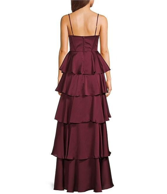 B. Darlin Satin Spaghetti Strap Emma Ruffle Skirt Dress Product Image