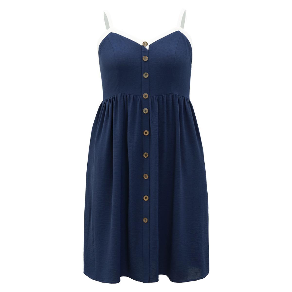 Plus Size Contrast Trim Pocket Button Detail Gathered Cami Dress Indigo Women Office Adjustable Straps Spaghetti Strap Sleeveless Curvy Midi Dress BloomChic 10/M Product Image