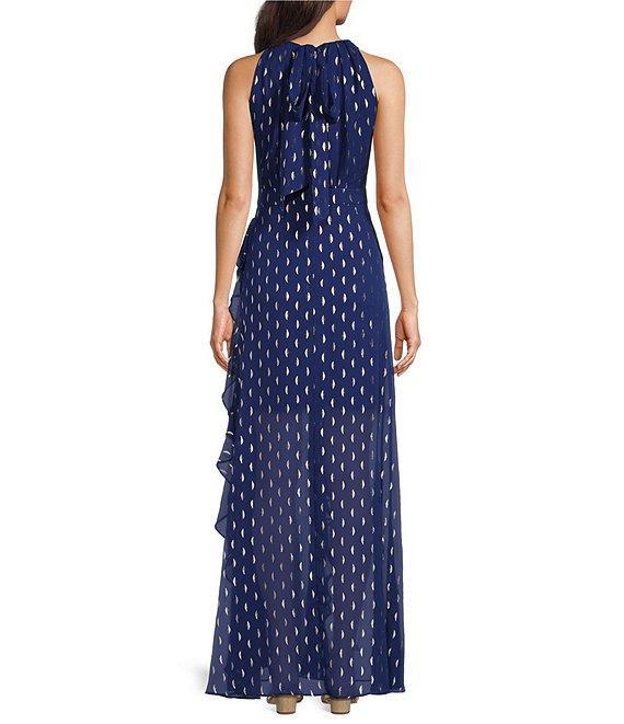 Betsy & Adam Metallic Front Ruffle Slit Halter Neck Sleeveless Gown Product Image
