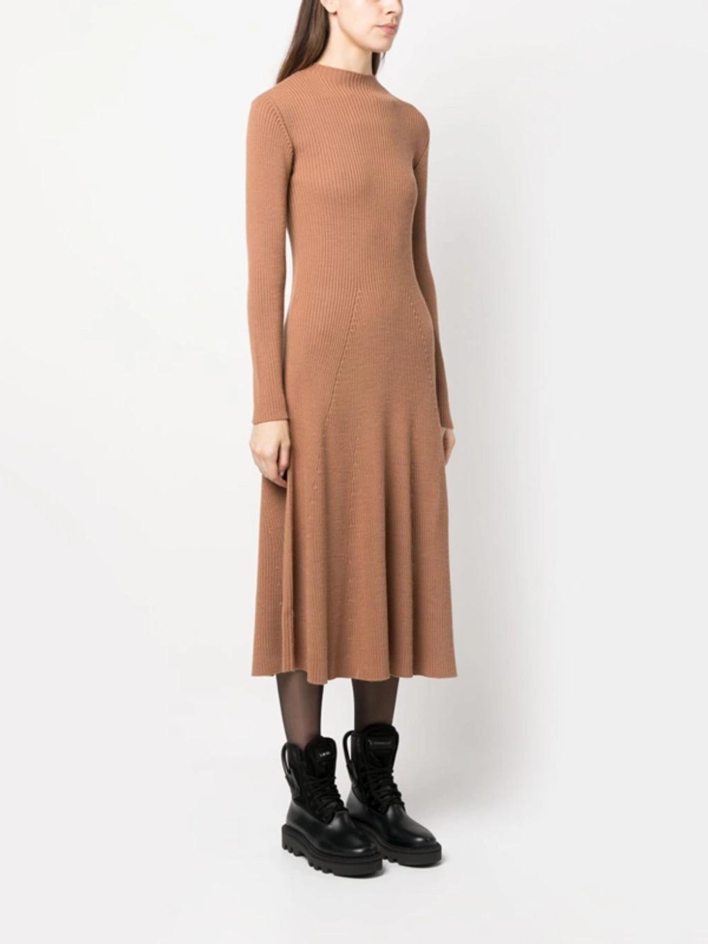 MONCLER Ribbed Knit Wool Midi Dress In Camel Product Image