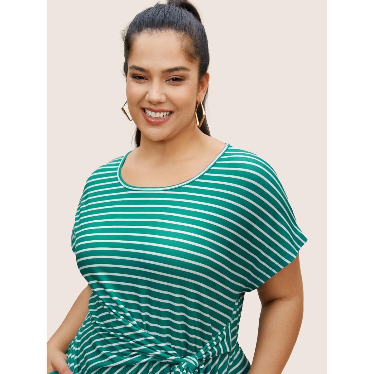 Plus Size Striped Tie Knot Batwing Sleeve Split Side Dress Emerald Women Casual Tie knot Round Neck Cap Sleeve Curvy BloomChic 10/M Product Image