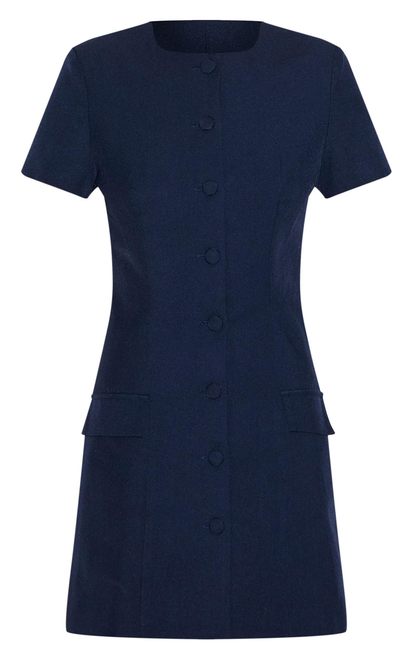 Navy Woven Tailored Short Sleeve Mini Dress Product Image