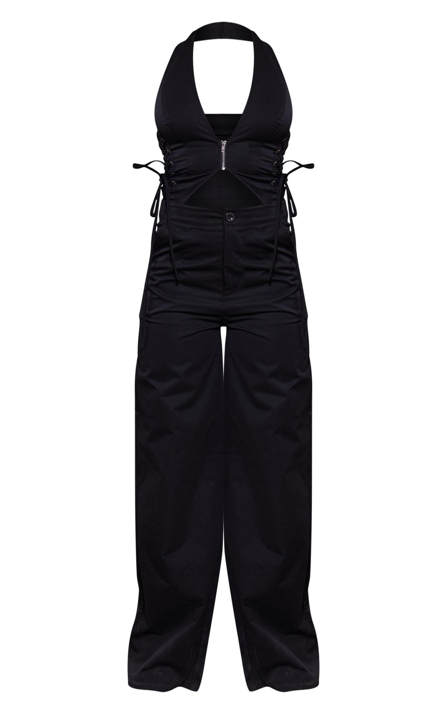 Black Woven Halter Zip Detail Lace Up Jumpsuit Product Image