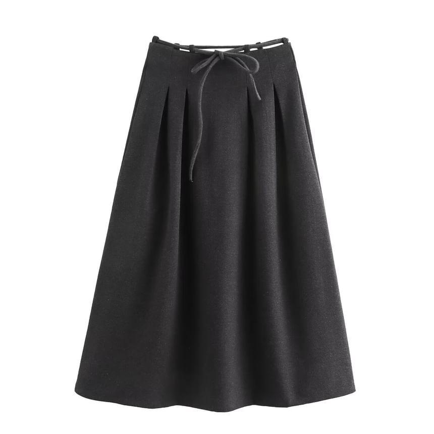 Drawstring Waist Plain Midi A-Line Skirt Product Image