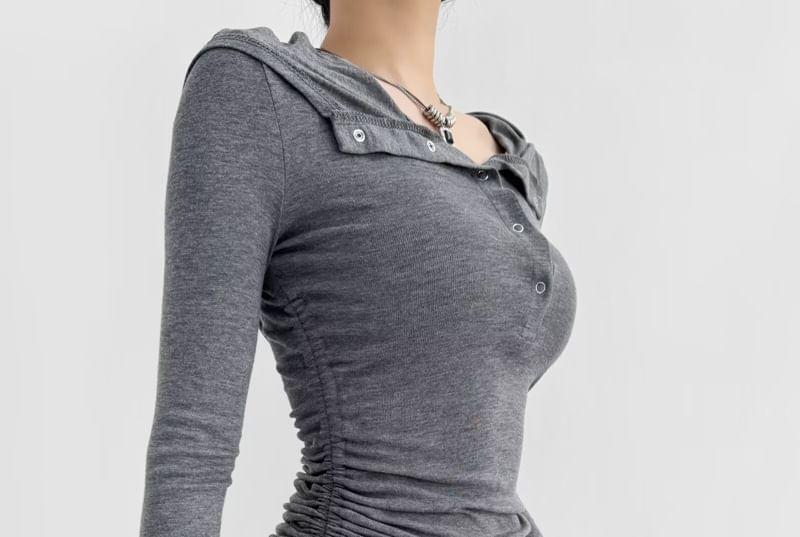 Long-Sleeve Plain Hooded Drawstring Shirred T-Shirt Product Image