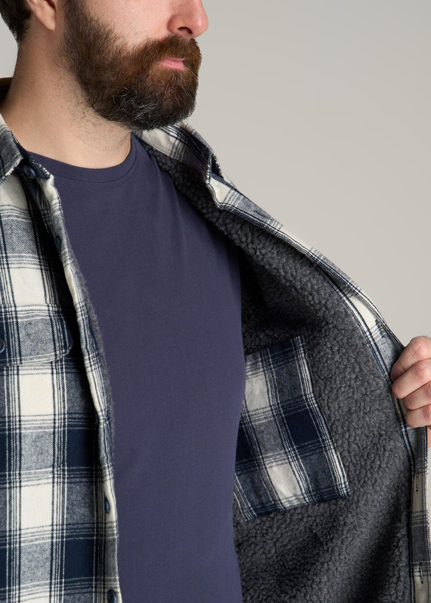 LJ&S Men's Tall Sherpa Lined Shirt Jacket in Midnight Navy & Ecru Plaid Product Image
