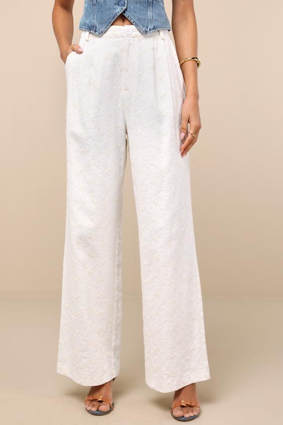 Andrey Cream Floral Embroidered Straight-Leg Trouser Pants Product Image