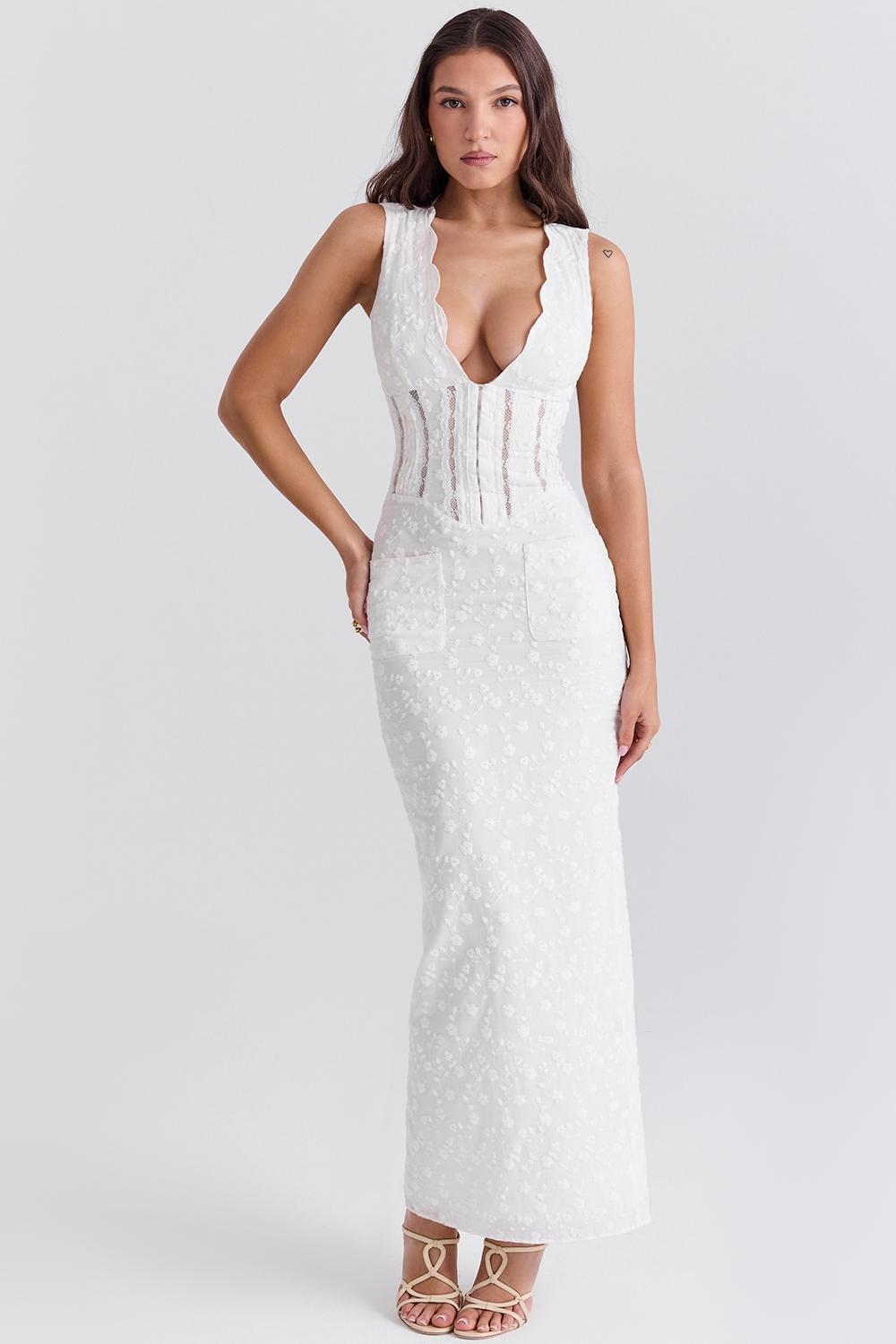 Sophina  white cotton broderie anglais plunge maxi dress Product Image