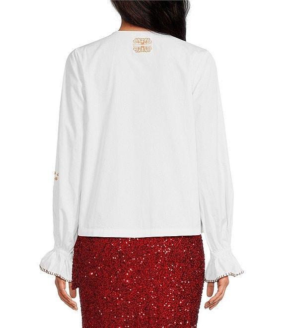 Never Fully Dressed Embroidered Mystical Motif Crew Neck Long Sleeve Tie Front Top Product Image