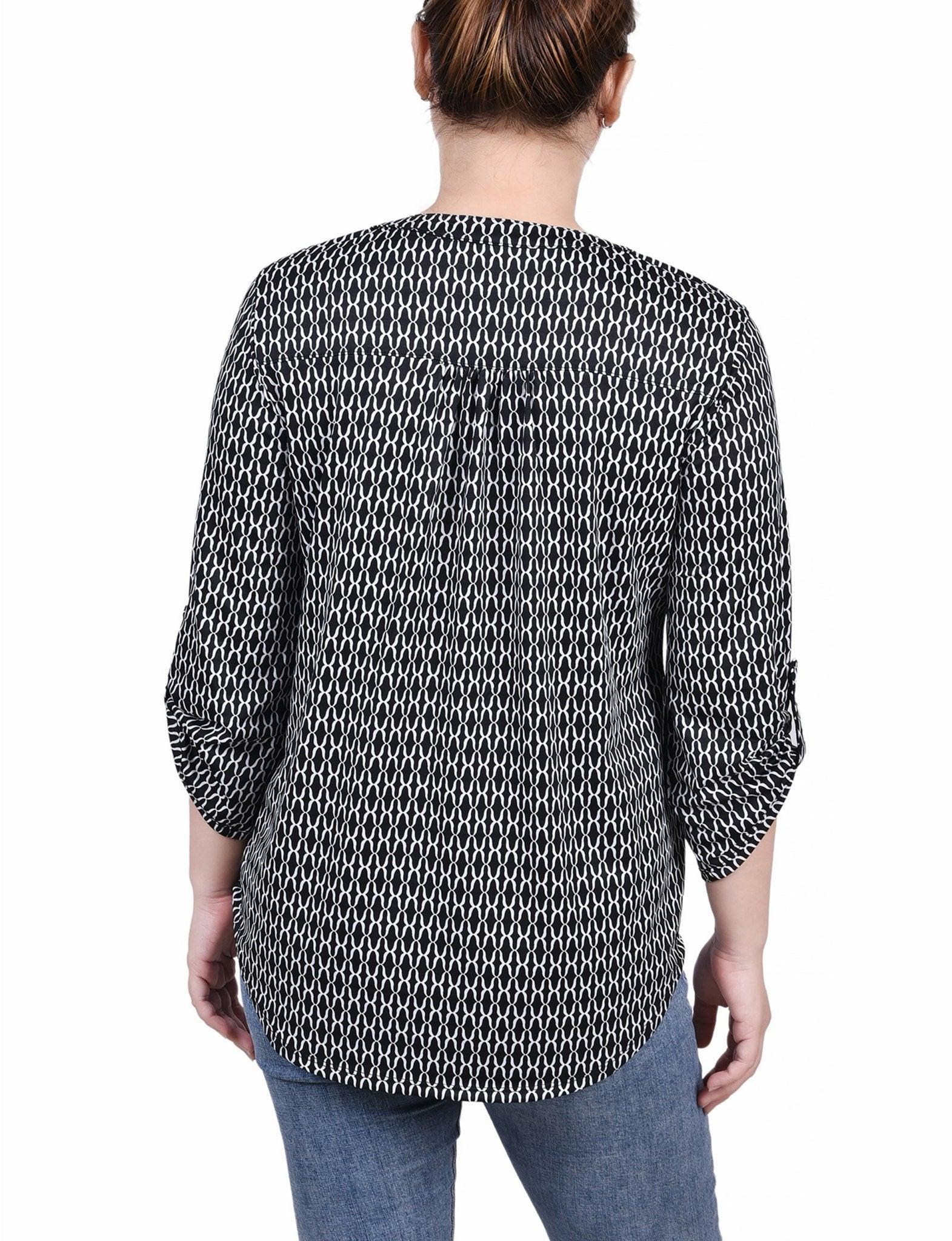 Black White Justin 3/4 Roll Tab Sleeve Y Neck Top - Petite Product Image