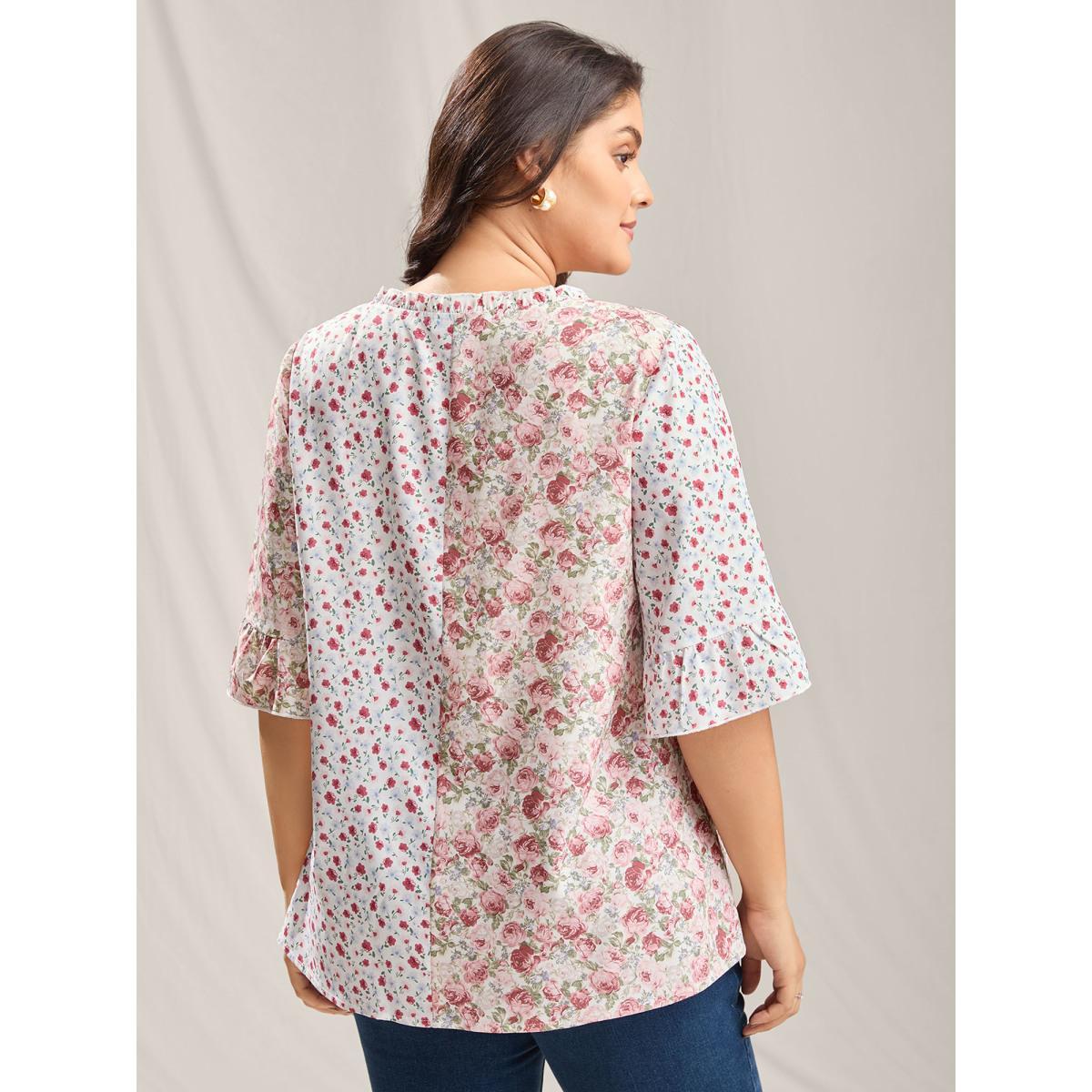 Plus Size Lightpink Floral Contrast Print Button Detail Blouse Women Half Sleeve Notched collar Everyday-Elegant Blouses BloomChic 12/L Product Image