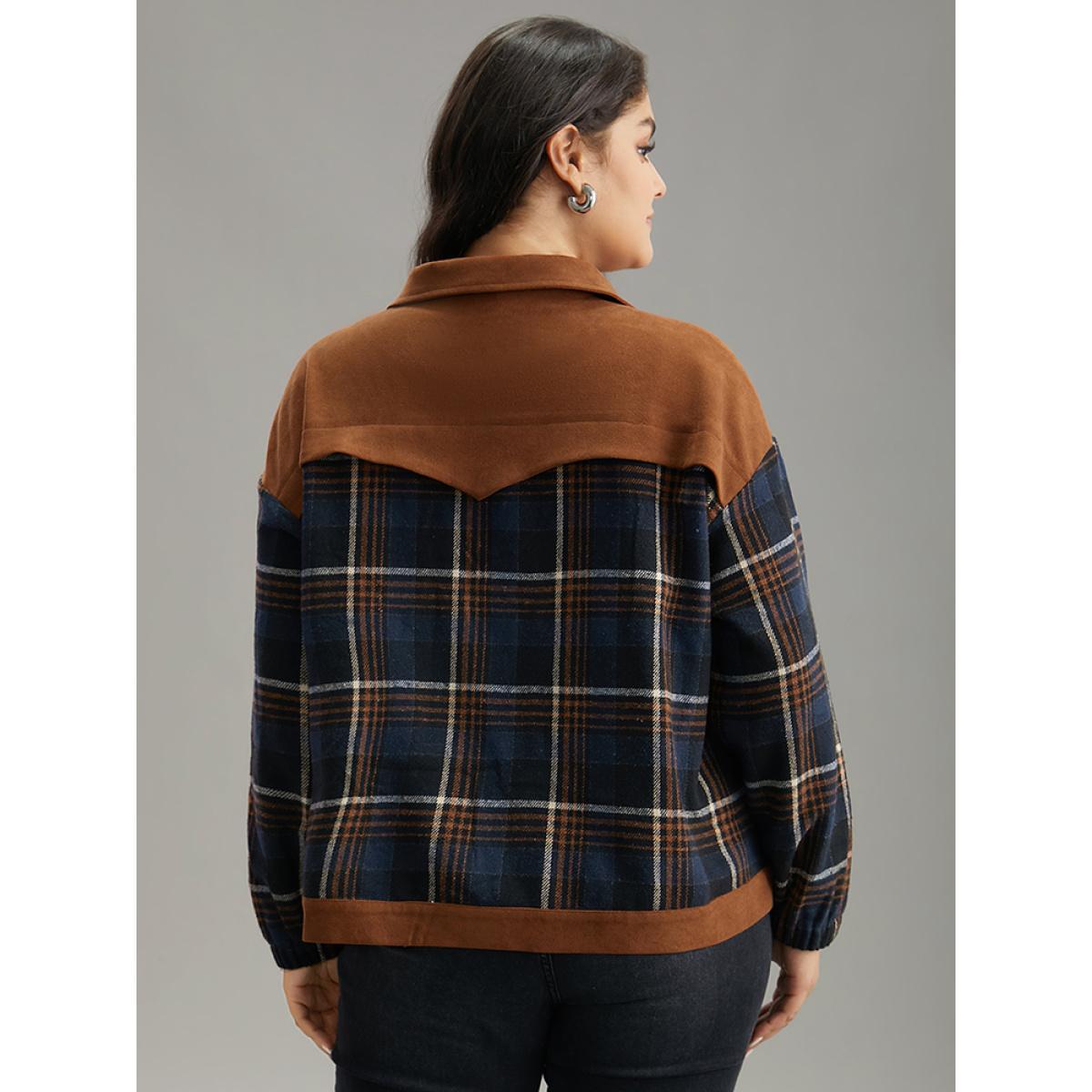 Plus Size Plaid Patchwork Pocket Lapel Collar Zipper Fly Jacket Women Multicolor Contrast Pocket Dailywear Jackets BloomChic 30/6X Product Image
