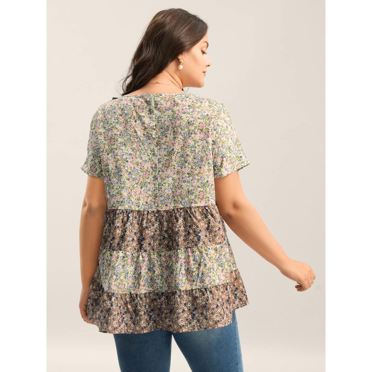 Plus Size Multicolor Ditsy Floral Print Tiered Blouse Women Short sleeve Round Neck Everyday-Elegant Blouses BloomChic 12/L Product Image
