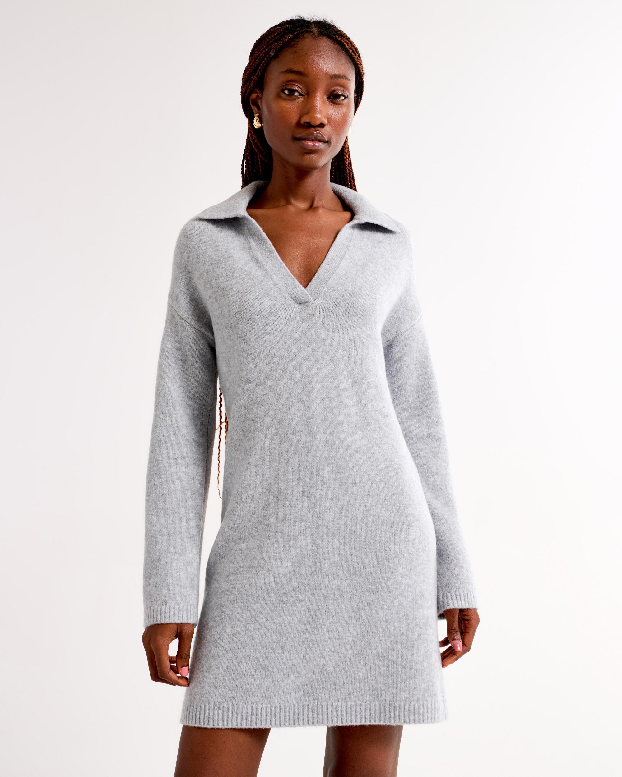 Long-Sleeve Collared Mini Sweater Dress Product Image