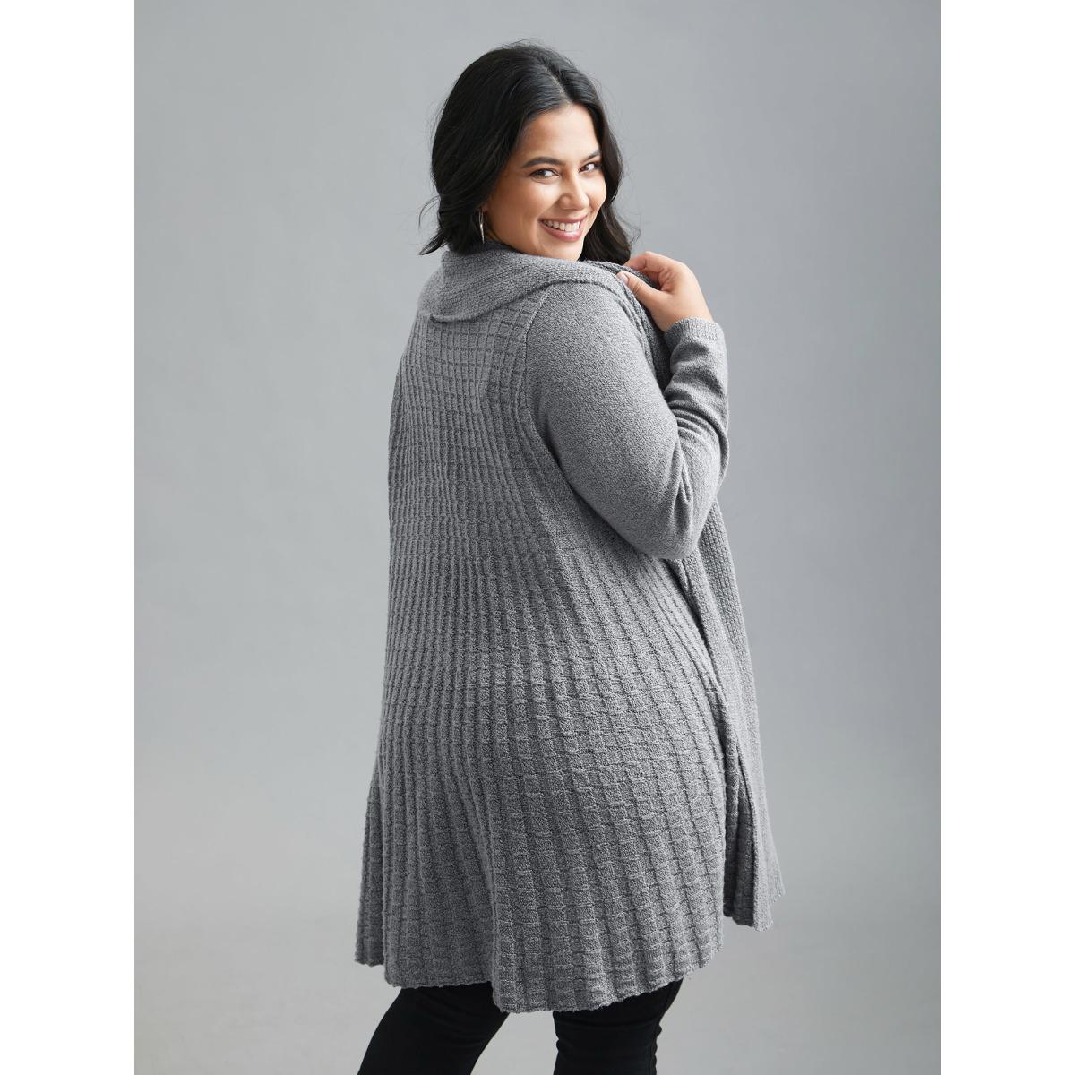 Plus Size Folded Kimono Collar Plain Plisse Cardigan DarkGray Women Casual Loose Long Sleeve Everyday Cardigans BloomChic 12/L Product Image