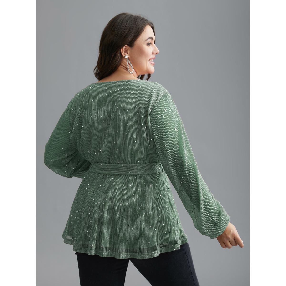 Plus Size Aquamarine Sequin Mesh Lantern Sleeve Wrap Belted Striped Blouse Women Cocktail Long Sleeve Overlap Collar Party Blouses BloomChic 10/M Product Image