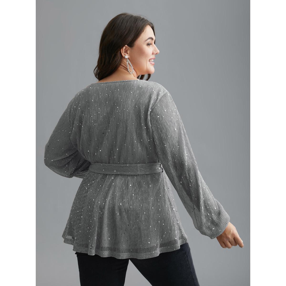 Plus Size LightGray Sequin Mesh Lantern Sleeve Wrap Belted Striped Blouse Women Cocktail Long Sleeve Overlap Collar Party Blouses BloomChic 28/5X Product Image