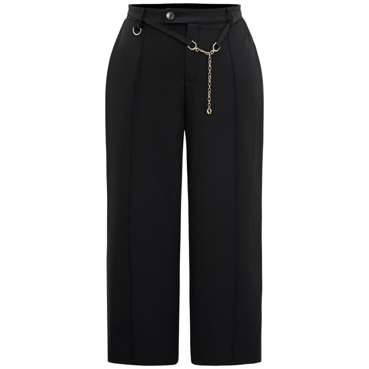 Plus Size Static-Free Elastic Waist Chain Belted Pleated Pants Women Black Office Straight Leg High Rise Work Pants BloomChic 28/5X Product Image