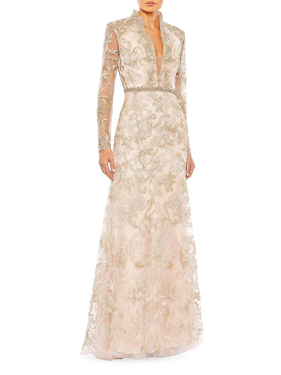 Mac Duggal Sheer Long Sleeve Deep V-Neck Applique A Product Image