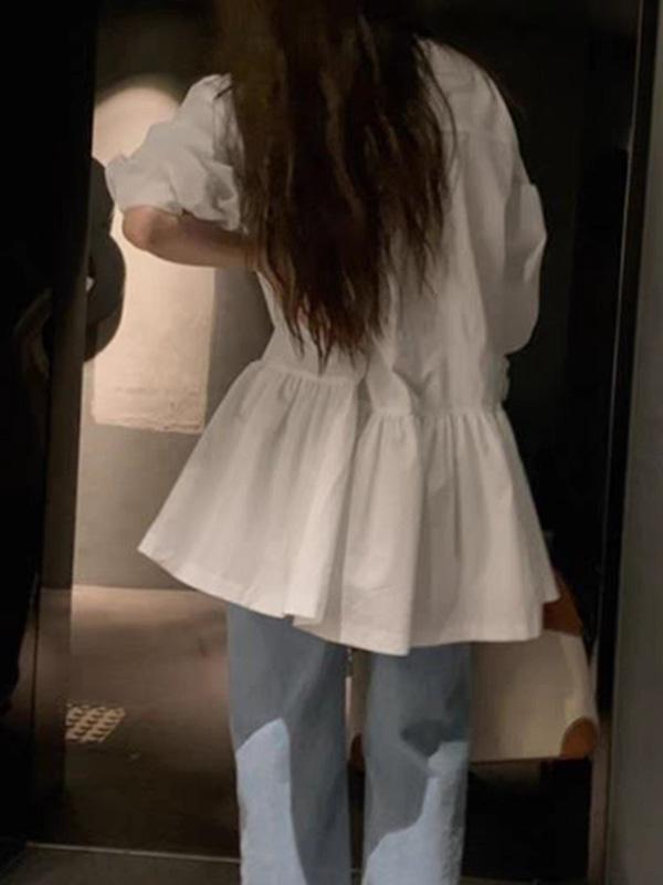 A-Line Long Sleeves Buttoned Pleated Solid Color Lapel Mini Dresses Shirt Dress Product Image