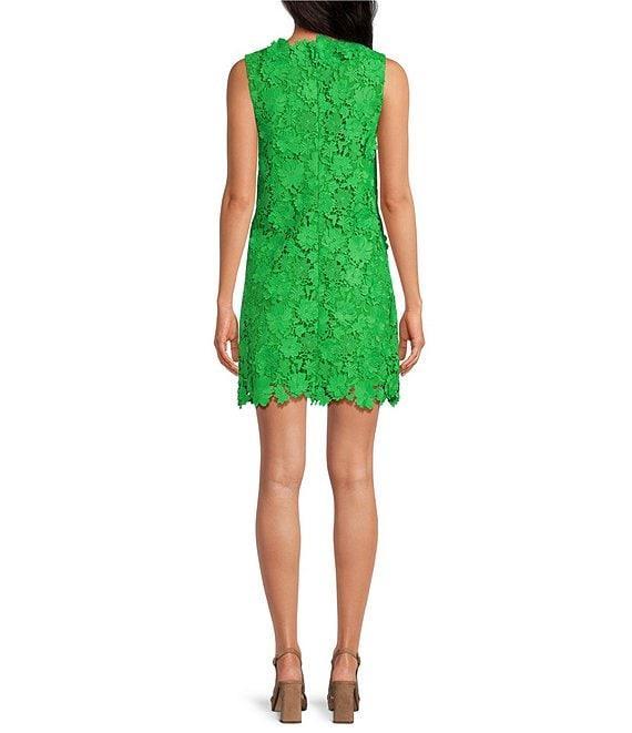 Trina Turk Lovelee 3D Floral Lace V-Neck Sleeveless Scallop Hem Sheath Mini Dress Product Image