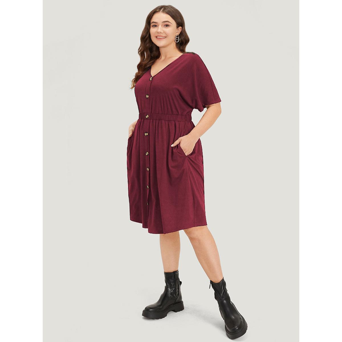 Plus Size Supersoft Essentials Contrast Button Detail Shirred Pocket Dress Scarlet Women Casual Plain V-neck Short sleeve Curvy Midi Dress BloomChic 18-20/2X Product Image