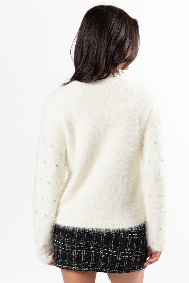 All That Glitters Rhinestone Sleeve Ivory Fuzzy Sweater FINAL SALE Product Image